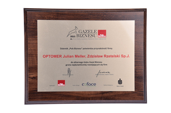 Pamiątkowy dyplom potwierdzający otrzymanie Gazeli Biznesu dla firmy OPTOMER.